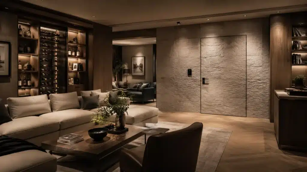 A reinforced residential safe room built inside a modern home with a heavy steel door.