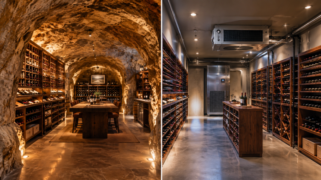 rustic cave meets modern wine cellar